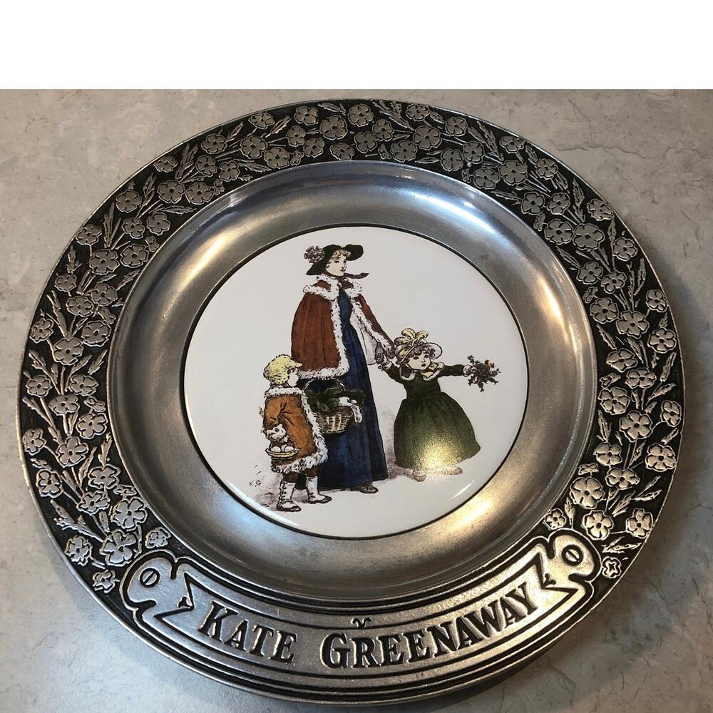 Vintage pewter Collectors plate, Kate Greenaway Illustration on a ceramic